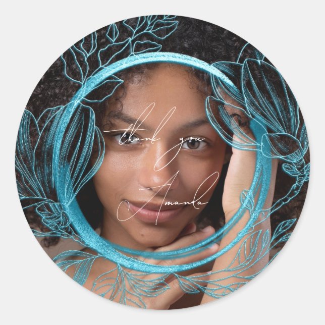 Pegatina Redonda Gracias Nombre Jardín Floral Magnolia Azul  (Anverso)