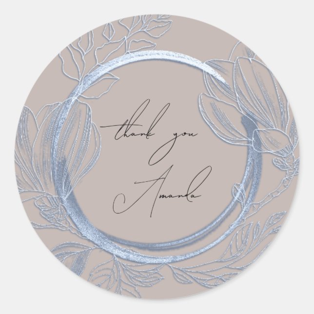 Pegatina Redonda Gracias Nombre Magnolia Floral Fumado Azul Gris (Anverso)