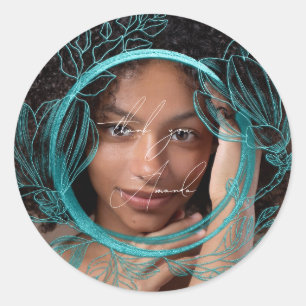 Pegatina Redonda Gracias Nombre Magnolia Floral Garden Azul Verde a