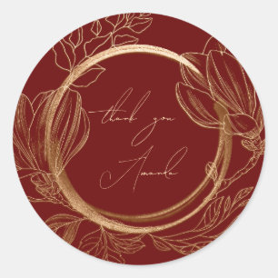 Pegatina Redonda Gracias Nombre Magnolia Floral Garden Gold Red