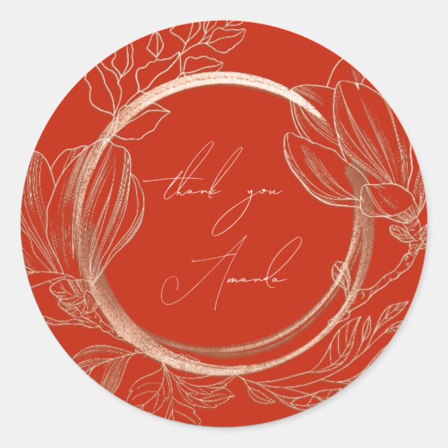 Pegatina Redonda Gracias Nombre Magnolia Floral Garden Rosa RedGold (Anverso)