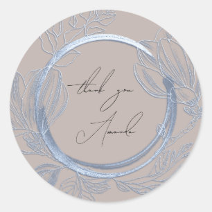 Pegatina Redonda Gracias Nombre Magnolia Floral Smoky Gris Azul