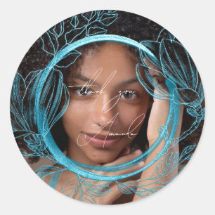 Pegatina Redonda Gracias Nombre Magnolia Jardín Floral Azul