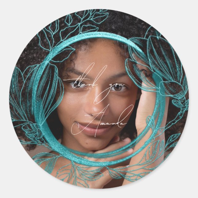 Pegatina Redonda Gracias Nombre Magnolia Jardín Floral Azul Turques (Anverso)