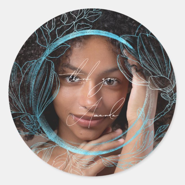 Pegatina Redonda Gracias Nombre Magnolia Jardín Floral Océano Azul (Anverso)