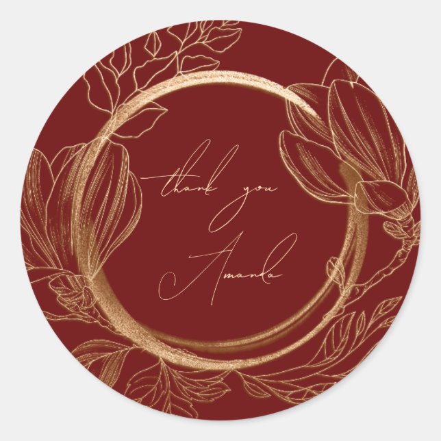 Pegatina Redonda Gracias Nombre Magnolia Jardín Floral Oro Rojo (Anverso)