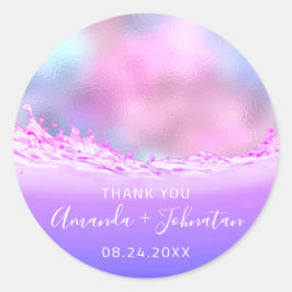 Pegatina Redonda Gracias Nombre Rosa Fecha Chispa Ondas Pastel Rosa
