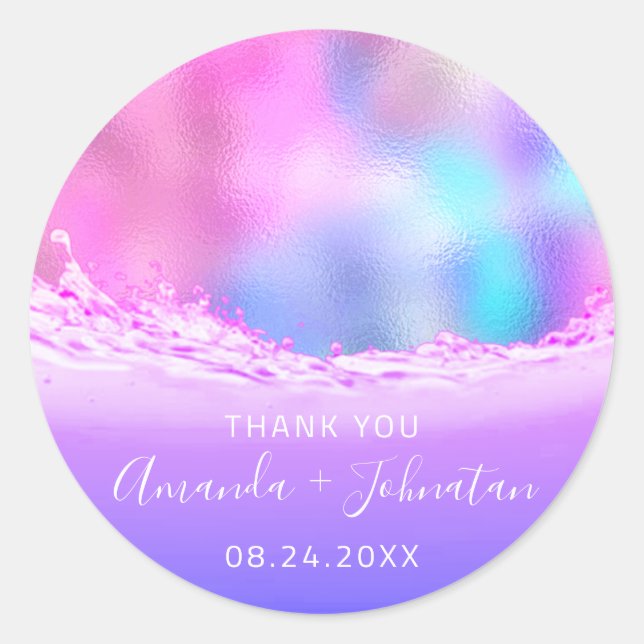 Pegatina Redonda Gracias Nombre Rosa Fecha Chispa Ondas Pastel Rosa (Anverso)