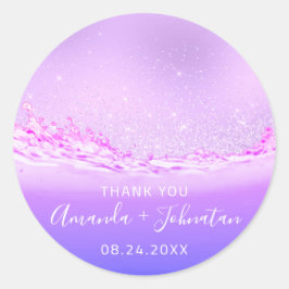 Pegatina Redonda Gracias Nombre Rosa Fecha Chispa Ondas Púrpuras Ro