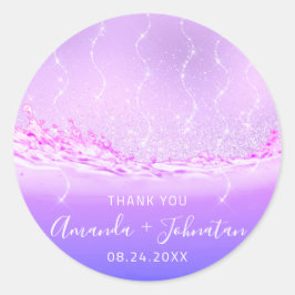 Pegatina Redonda Gracias Nombre Rosa Fecha Chispa Ondas Púrpuras Ro