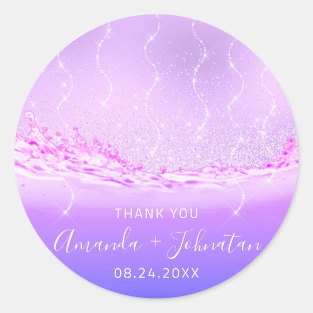 Pegatina Redonda Gracias Nombre Rosa Fecha Chispa Ondas Púrpuras Ro (Anverso)