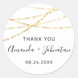 Pegatina Redonda Gracias Nombre Rosa Fecha Luz de Oro Blanca Simple