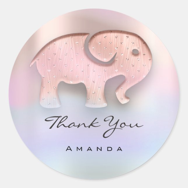 Pegatina Redonda Gracias Nombre Rosa Holograph Elephant Baby Shower (Anverso)