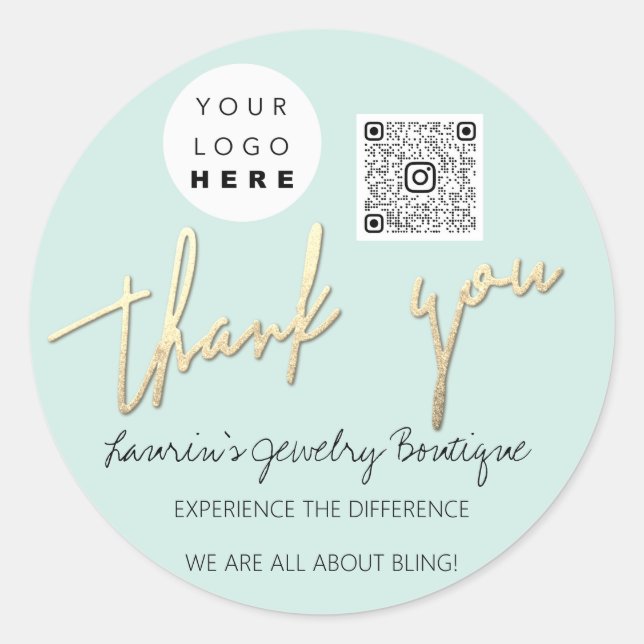 Pegatina Redonda Gracias Nombre Script Logo Qr Code Online Aqua (Anverso)