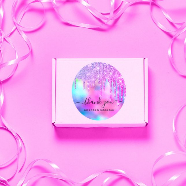 Pegatina Redonda Gracias Novia Cumple16 Brillante Holográfico Goteo (Thank You Bridal Sweet16th Glitter Holograph Drips Classic Round Sticker)