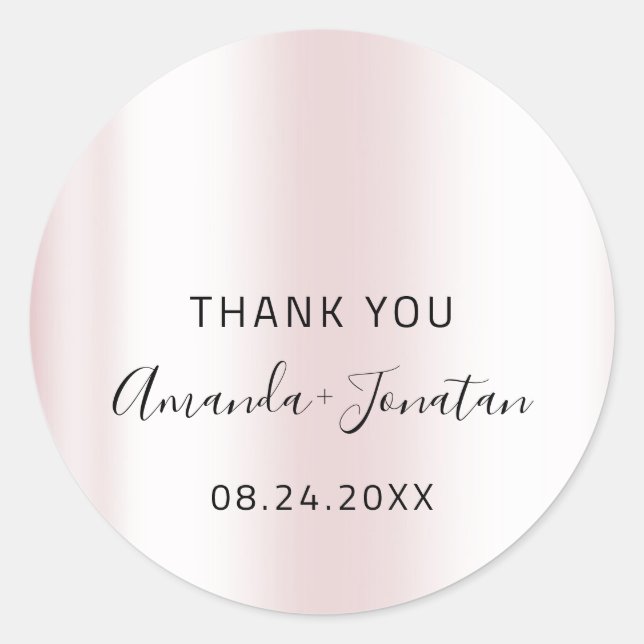 Pegatina Redonda Gracias Pastel Rubor Nombre Fecha Negro Blanco Ros (Anverso)