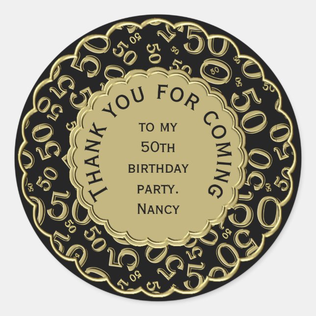 Pegatina Redonda Gracias Patrón de números 50 Negro y Oro (Anverso)