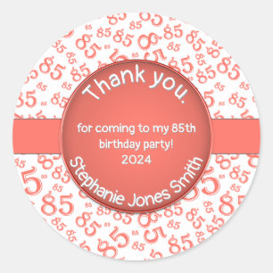 Pegatina Redonda Gracias: Patrón de números de 85º cumpleaños Cora/