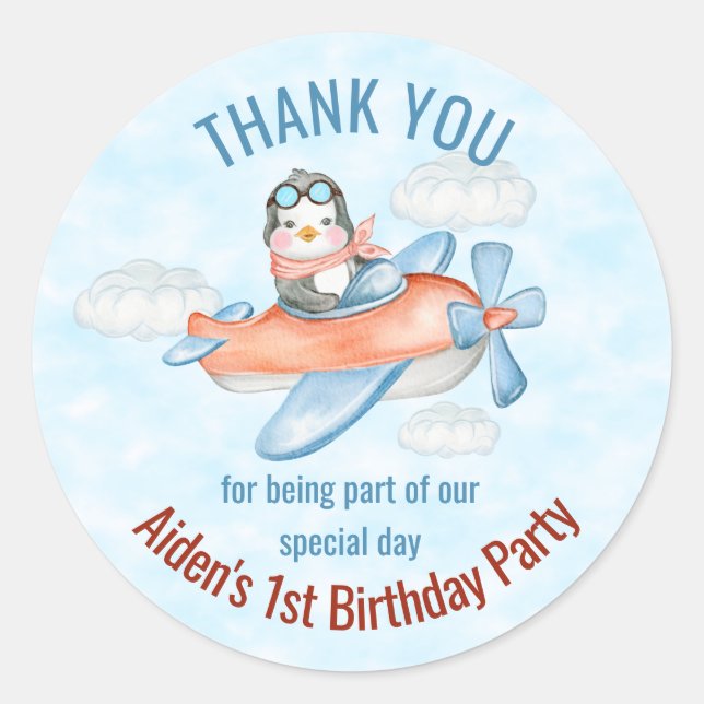 Pegatina Redonda Gracias Penguin Airplane Blue Birthday (Anverso)
