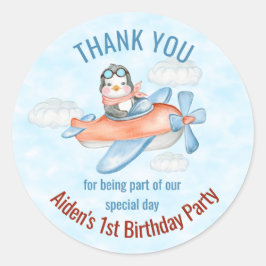 Pegatina Redonda Gracias Penguin Airplane Blue Birthday