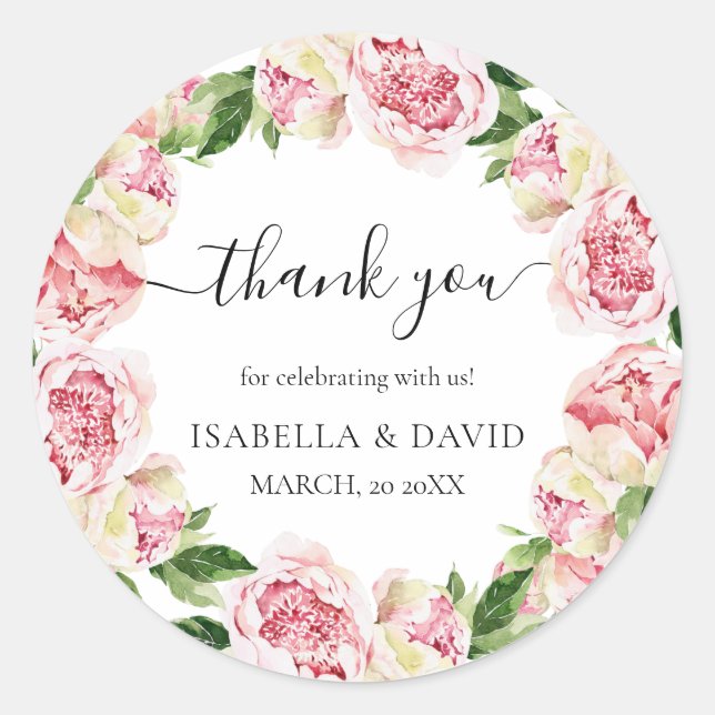 Pegatina Redonda Gracias Peonies Floral Romantic Bridal Shower (Anverso)