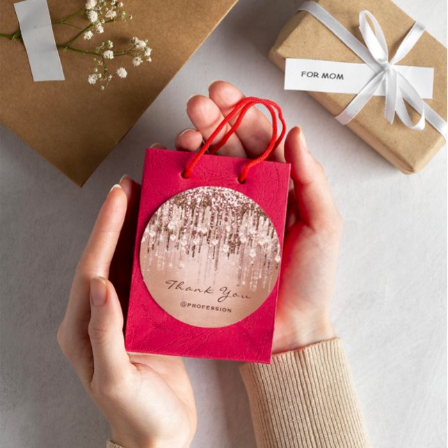 Pegatina Redonda Gracias Pequeñas empresas en línea Driers Rosa Gol (Thank You Small Business Online Drips Rose Gold Classic Round Sticker)
