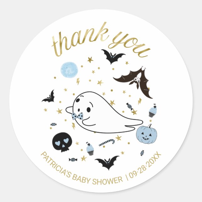 Pegatina Redonda Gracias pequeño Boo Halloween Boy Baby Shower (Anverso)