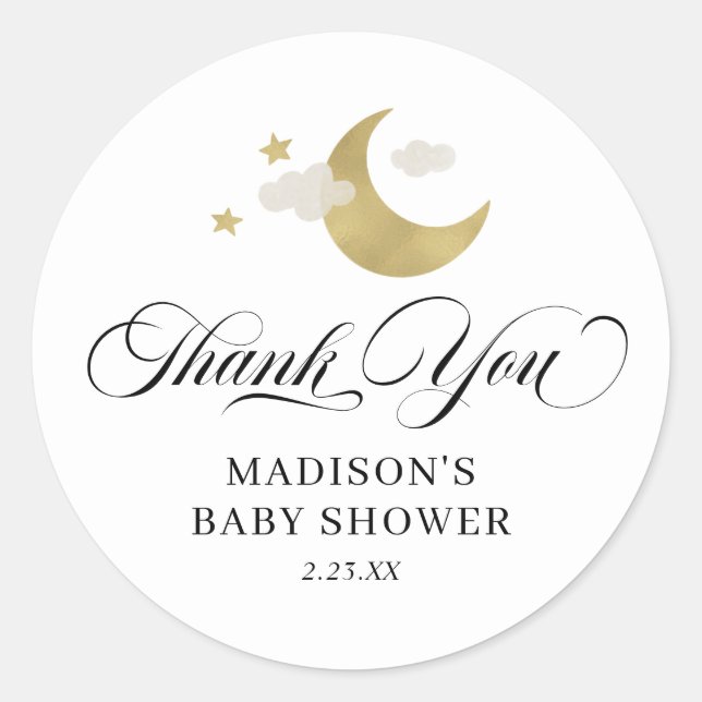 Pegatina Redonda Gracias personalizado a Baby Shower Moon & Stars (Anverso)