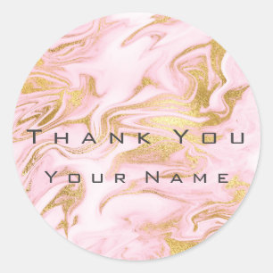 Pegatina Redonda Gracias Personalizado Marble Gold Pink Metallic
