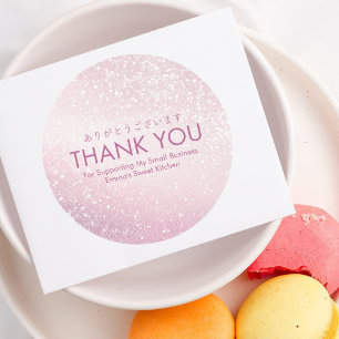 Pegatina Redonda Gracias Pink Glitter Sparkle Pequeña Empresa