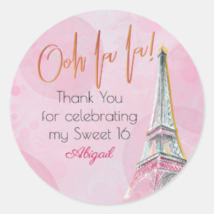 Pegatina Redonda Gracias Pink Gold París Torre Eiffel Sweet 16