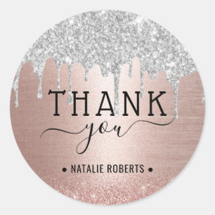 Pegatina Redonda Gracias Plata Moderna Brillante Rosa Dorado