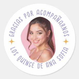 Pegatina Redonda Gracias por acompañarnos 15 quinceañera con foto