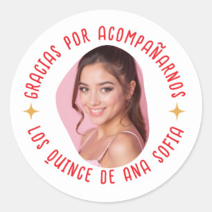 Pegatina Redonda Gracias por acompañarnos 15 quinceañera con foto