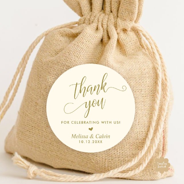 Pegatina Redonda Gracias por celebrar con nosotros, Boda (Thank you for celebrating with us, Elegant Rustic Wedding Classic Round Sticker in Yellow Gold)