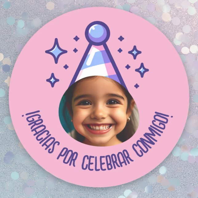 Pegatina Redonda Gracias por celebrar conmigo con foto (Gracias por Celebrar Conmigo Fiesta con Foto Classic Round Sticker.)