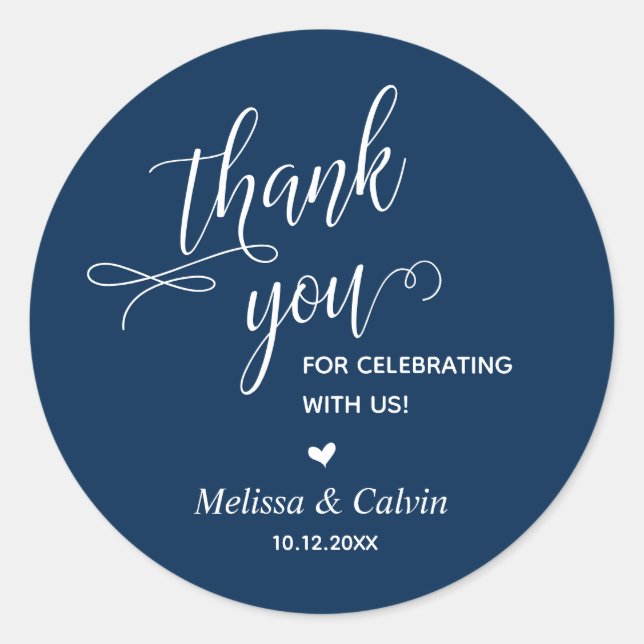 Pegatina Redonda Gracias por celebrar, Marina Azul, Boda (Anverso)
