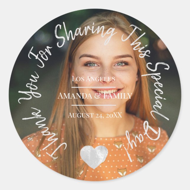 Pegatina Redonda Gracias Por Compartir Este Día Especial Gray Heart (Anverso)