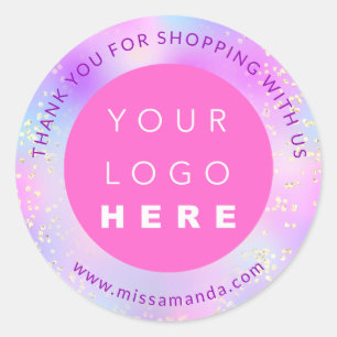 Pegatina Redonda Gracias Por Comprar Añadir Logo Holograma Rosa