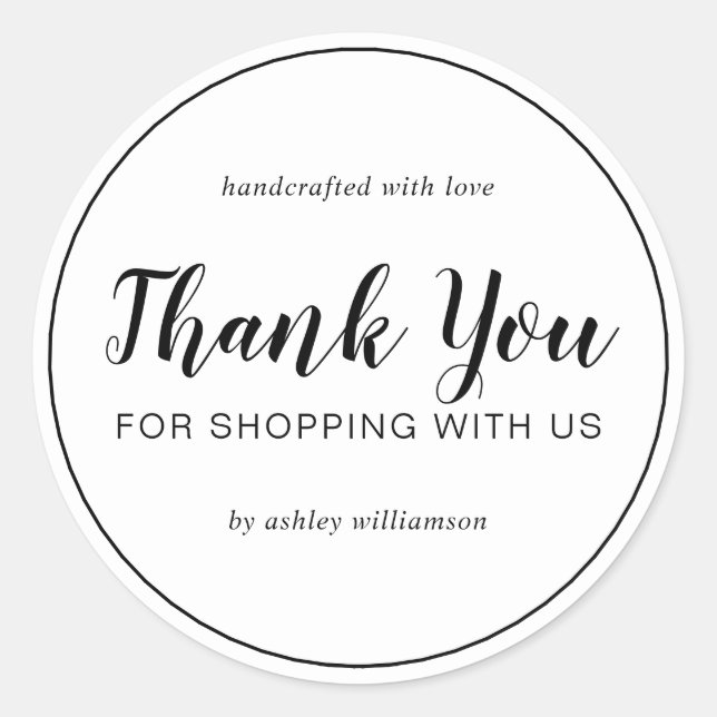 Pegatina Redonda Gracias Por Comprar Con El Guión De Moda De Ee.Uu. (Anverso)