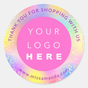 Pegatina Redonda Gracias Por Comprar Holografía Con Logotipo Rosa