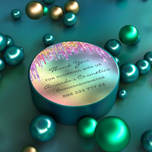 Pegatina Redonda Gracias por comprar las gotas de arcoiris Holograf (Thank You Shopping Rainbow Drips Holographic Classic Round Sticker)