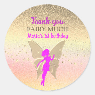 Pegatina Redonda Gracias por el 1er Cumpleaños de Pink Fairy
