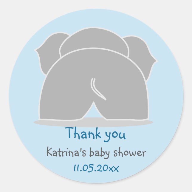 Pegatina Redonda Gracias por el Baby Shower Gray Elephant Blue (Anverso)