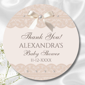 Pegatina Redonda Gracias por el Baby Shower Pink Bow Regency Lace