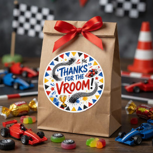 Pegatina Redonda Gracias por el Coche de Carreras de Cumpleaños Gra