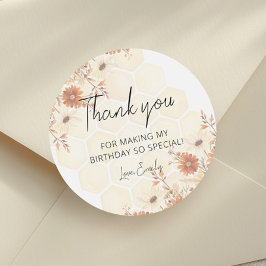 Pegatina Redonda Gracias por el cumpleaños de Honey Bee Boho Wildfl