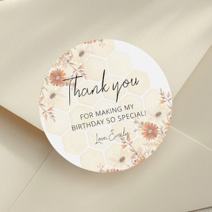 Pegatina Redonda Gracias por el cumpleaños de Honey Bee Boho Wildfl