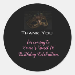 Pegatina Redonda Gracias por el cumpleaños rosado negro de la masca