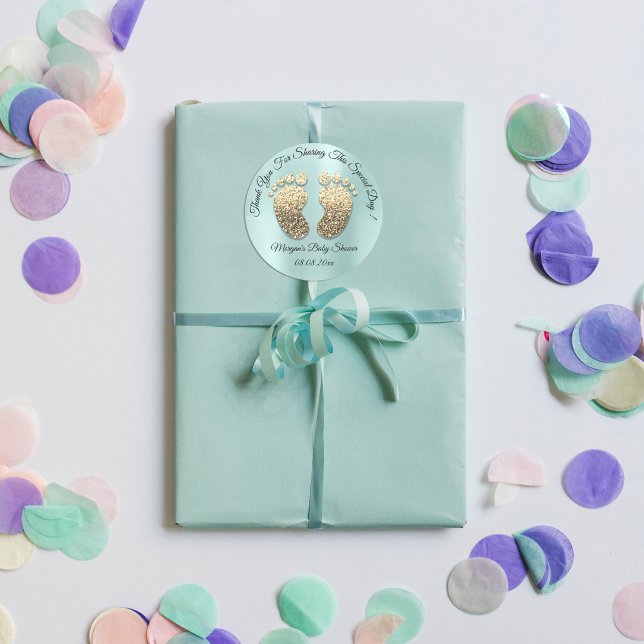 Pegatina Redonda Gracias por el Purpurina Aqua Gold Feet Baby Showe (Aqua Gold Glitter Feet Baby Shower Favor Thank Classic Round Sticker)